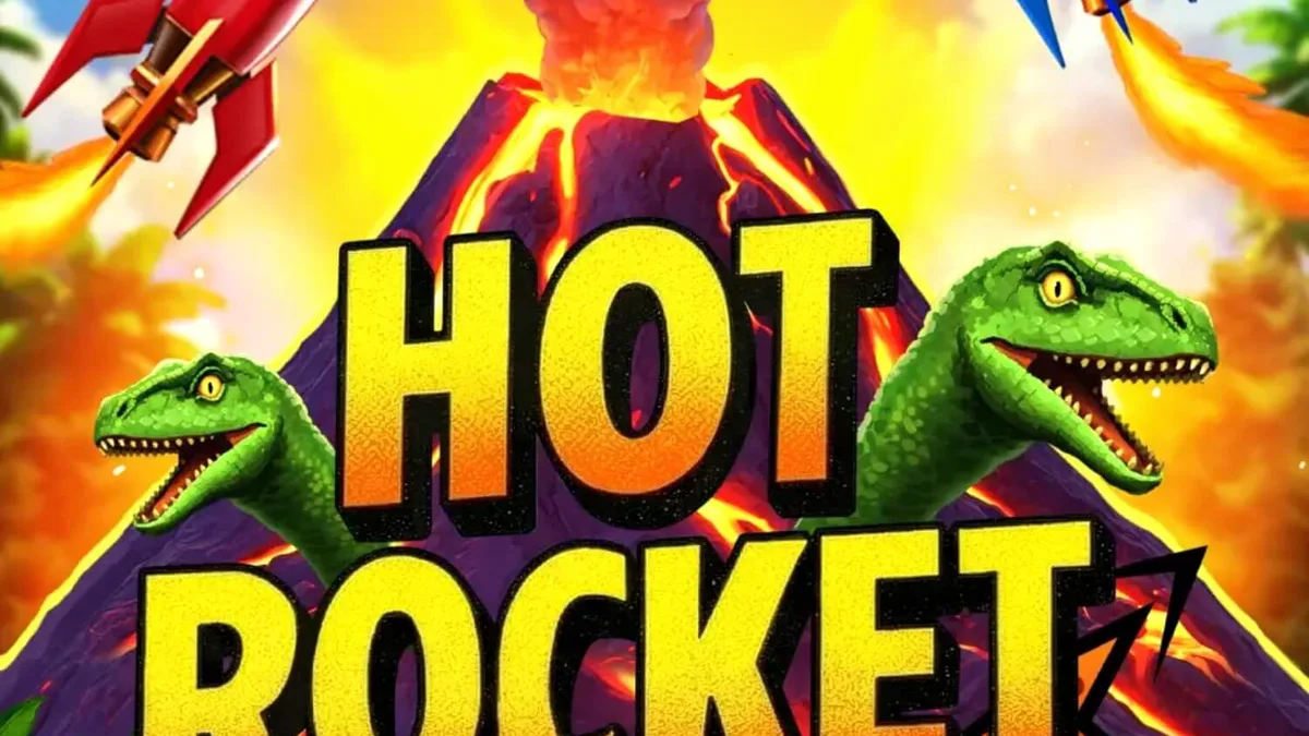 Hot Rocket 5x 3x 2x স্লট গেমের একটি দৃশ্য যেখানে আগ্নেয়গিরি এবং রকেট থিম দেখা যাচ্ছে।